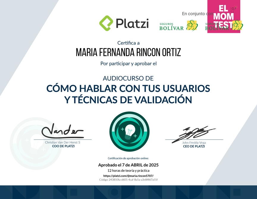 Diploma de Audiocurso Cómo Hablar Con Tus Usuarios y Técnicas de Validación