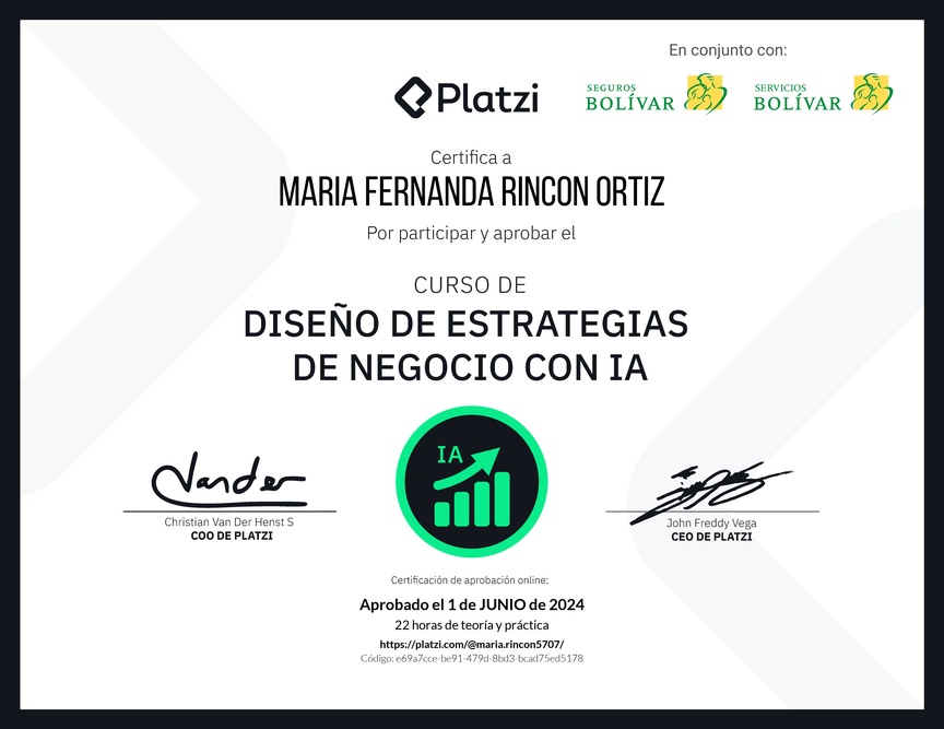 Diploma del Curso de Diseño de Estrategias de Negocio con Inteligencia Artificial: Optimización y Personalización