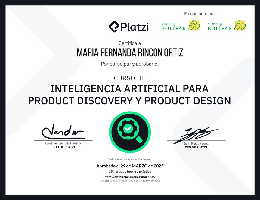 Diploma del Curso de Inteligencia Artificial para Product Discovery y Product Design: Herramientas y Técnicas