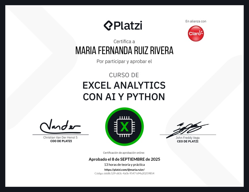 Diploma del Curso de Excel Analytics con AI y Python