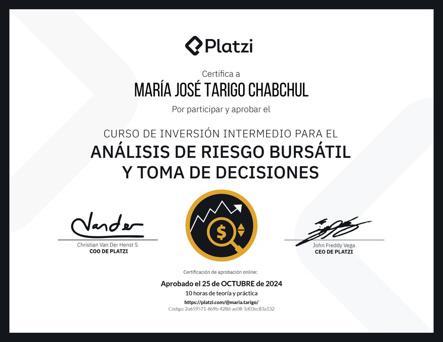 Diploma del Curso de Inversión Intermedio para el Análisis de Riesgo Bursátil y Toma de Decisiones