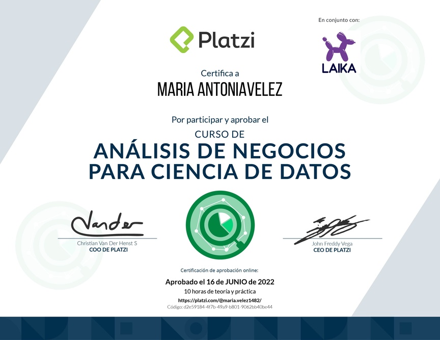 Diploma del Curso de Análisis de Negocios para Ciencia de Datos