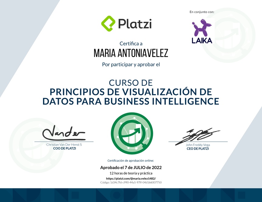 Diploma del Curso de Principios de Visualización de Datos para Business Intelligence (2021)