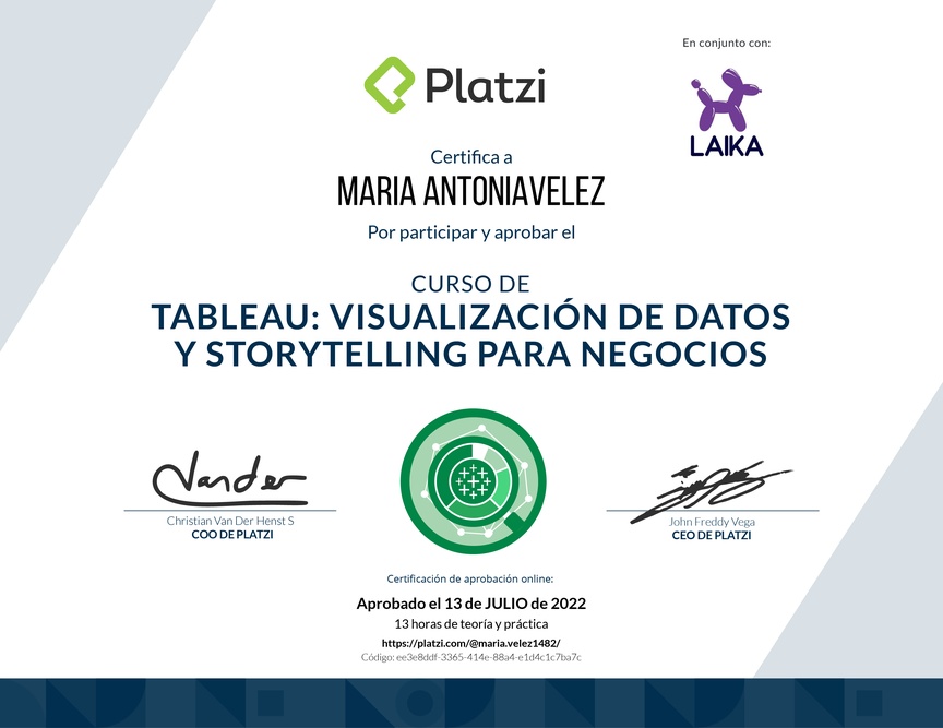 Diploma del Curso de Tableau: Visualización de Datos y Storytelling para Negocios