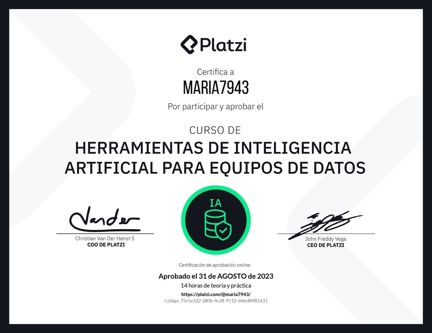 Diploma del Curso de Herramientas de Inteligencia Artificial para Equipos de Datos