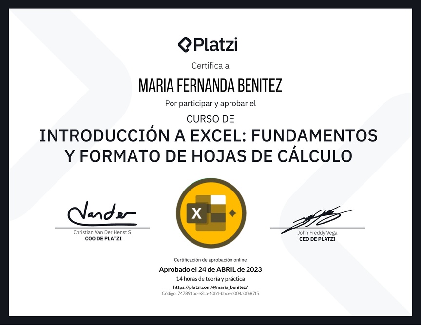 Diploma del Curso de Introducción a Excel para Principiantes: Fundamentos y Formato de Hojas de Cálculo