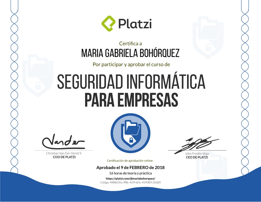 Diploma del Curso de Seguridad Informática para Empresas 2018