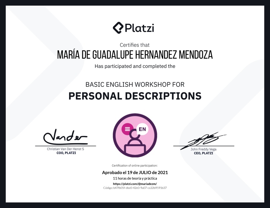 Diploma del Curso de Inglés Práctico para Descripciones Personales (2020=