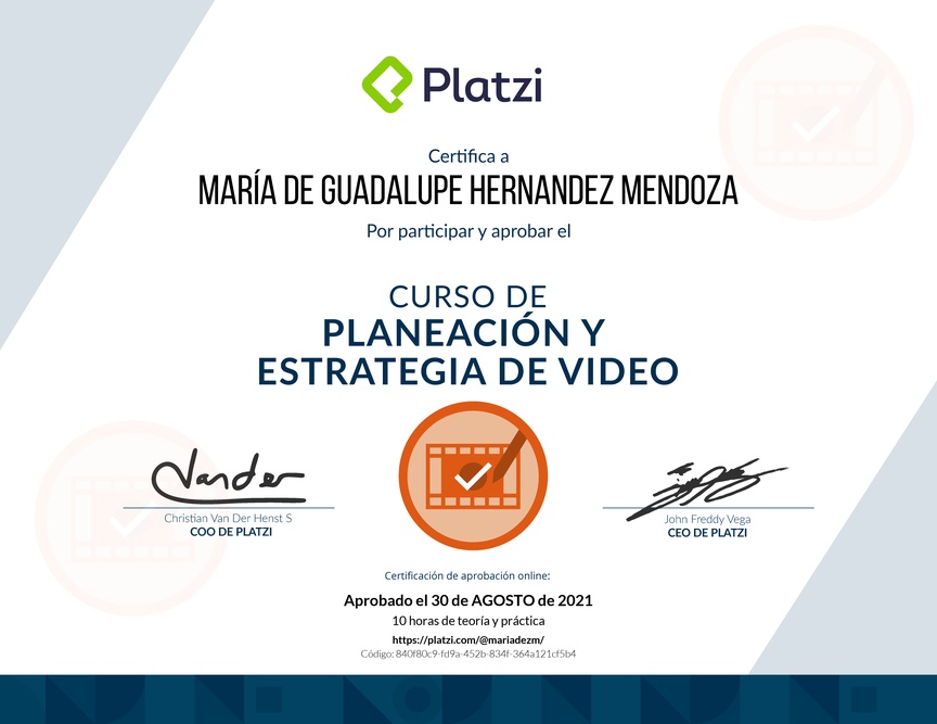 Diploma del Curso de Planeación y Estrategia de Video