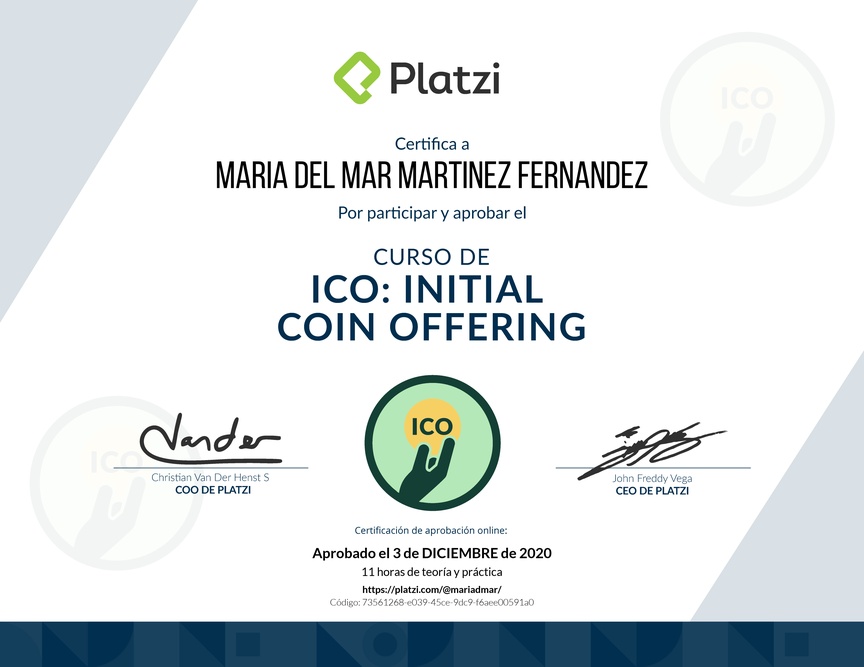 Diploma del Curso de ICO: Initial Coin Offering