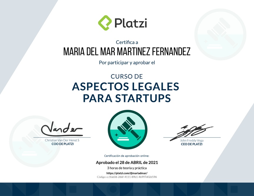 Diploma del Curso de Aspectos Legales para Startups