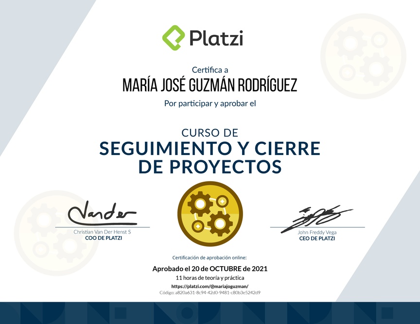 Diploma del Curso de Seguimiento y Cierre de Proyectos