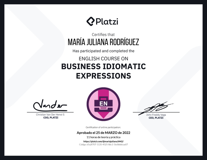 Diploma del Curso de Expresiones Idiomáticas de Negocios en Inglés