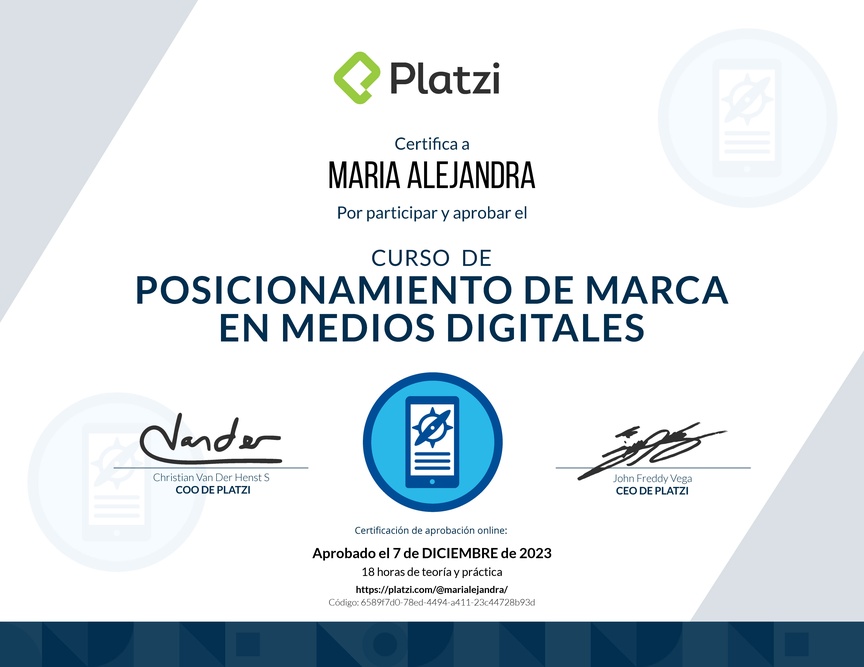 Diploma del Curso de Posicionamiento de Marca en Medios Digitales
