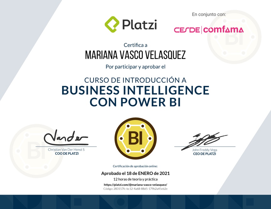 Diploma del Curso de Introducción a Business Intelligence con Power BI