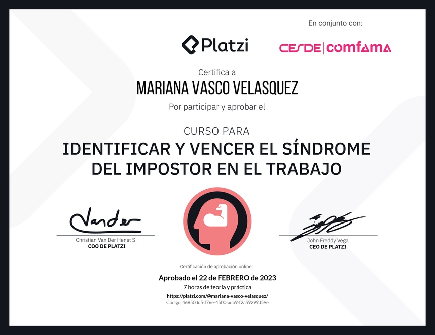 Diploma del Curso para Identificar y Vencer el Síndrome del Impostor