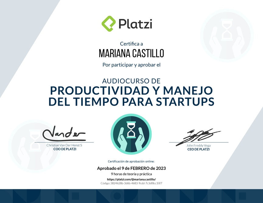 Diploma de Audiocurso de Productividad y Manejo del Tiempo para Startups