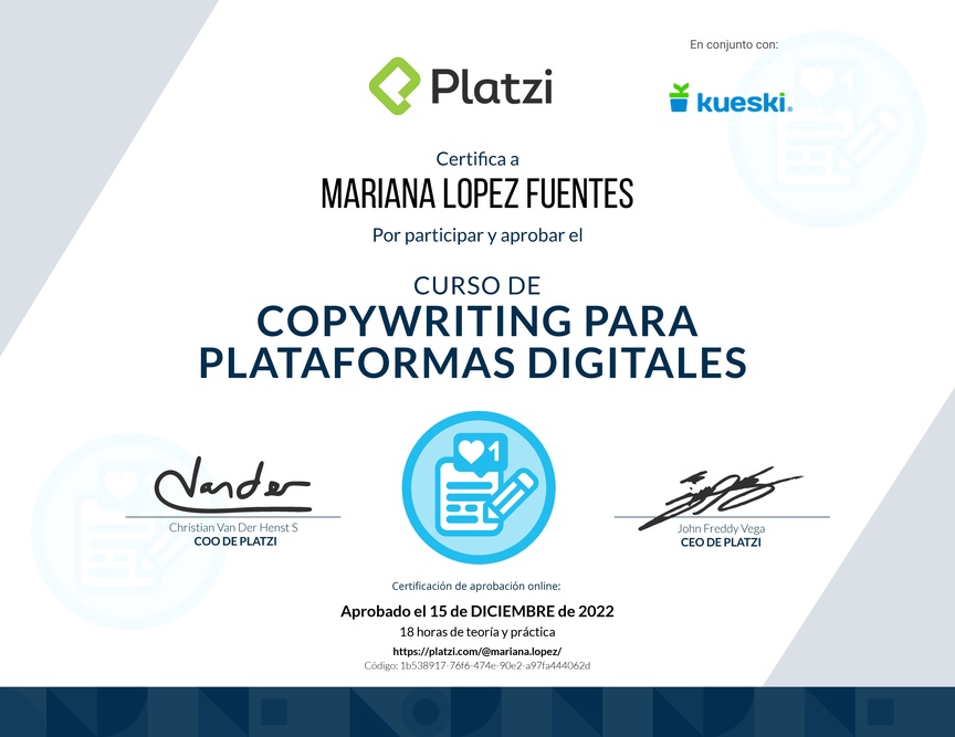 Diploma del Curso de Copywriting para Plataformas Digitales