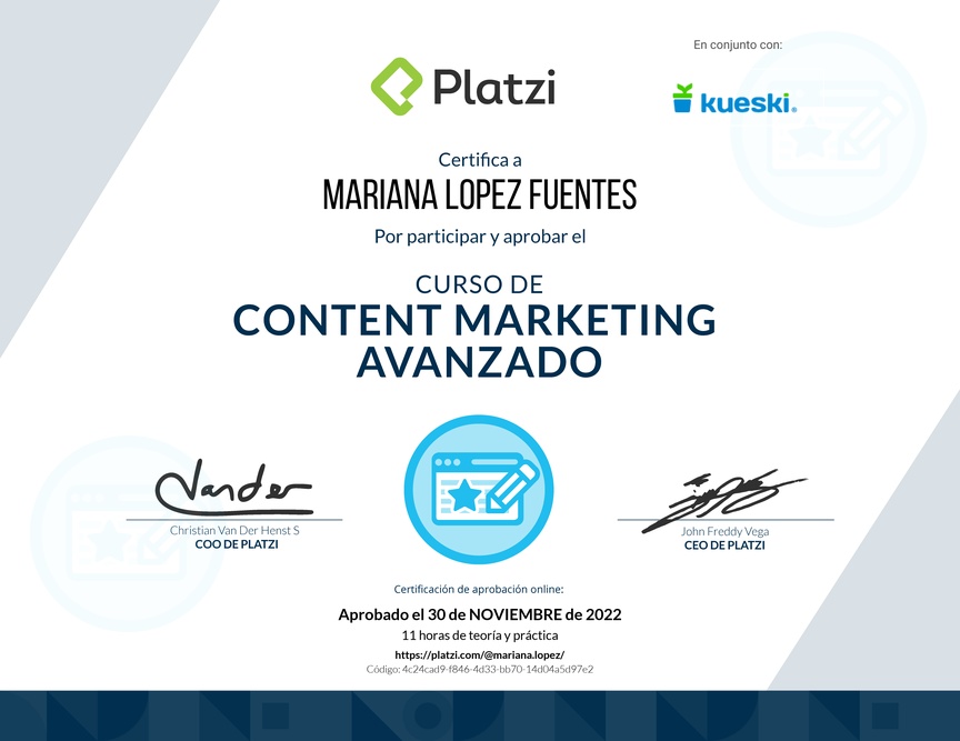 Diploma del Curso de Desarrollo de Estrategias de Content Marketing