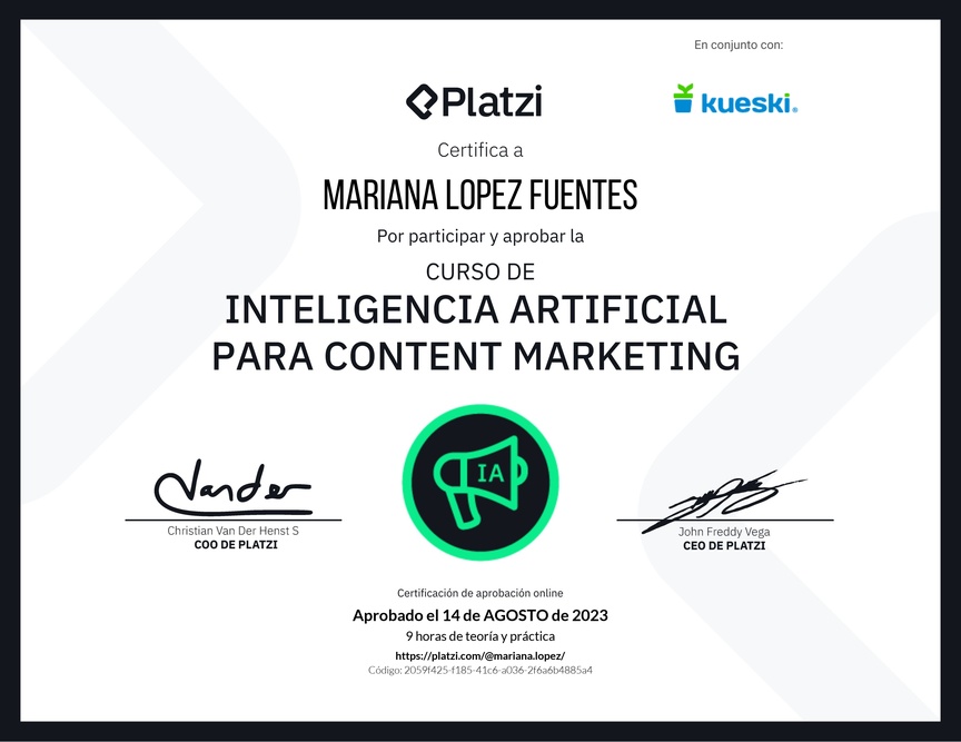 Diploma del Curso de Inteligencia Artificial para Content Marketing