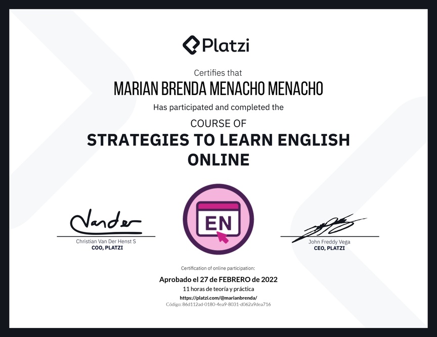 Diploma del Curso Gratis de Estrategias para Aprender Inglés en Línea