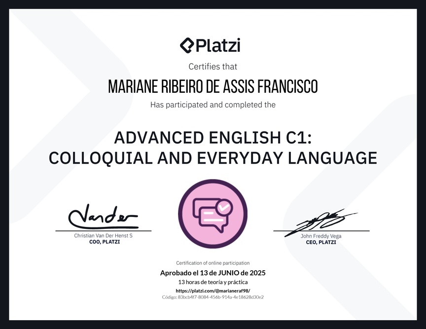 Diploma del Curso de Inglés Avanzado C1: Lenguaje Coloquial y Habitual