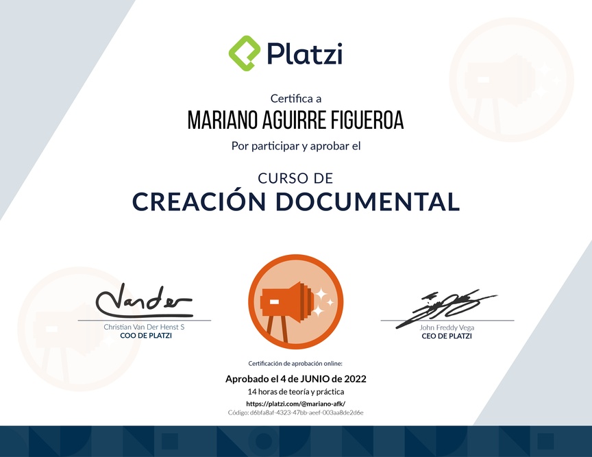 Diploma del Curso para Crear Contenido con Enfoque Documental