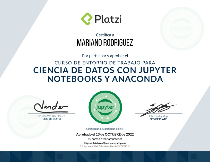 Diploma del Curso de Entorno de Trabajo para Ciencia de Datos con Jupyter Notebooks y Anaconda