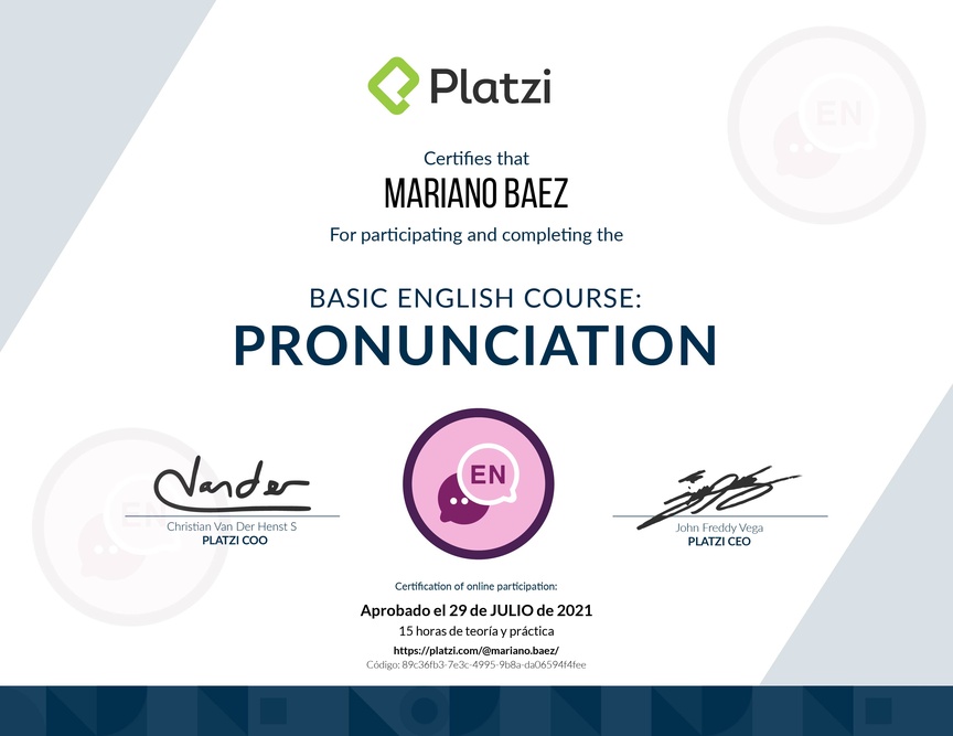 Diploma del Curso de pronunciación básica en Inglés 2020