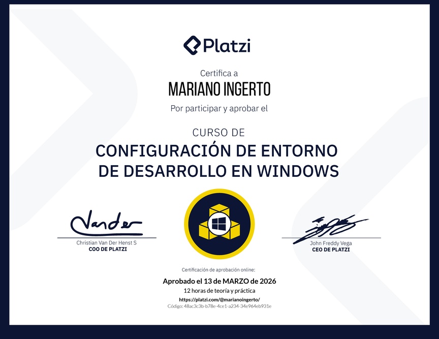 Diploma del Curso de Configuración de Entorno de Desarrollo en Windows