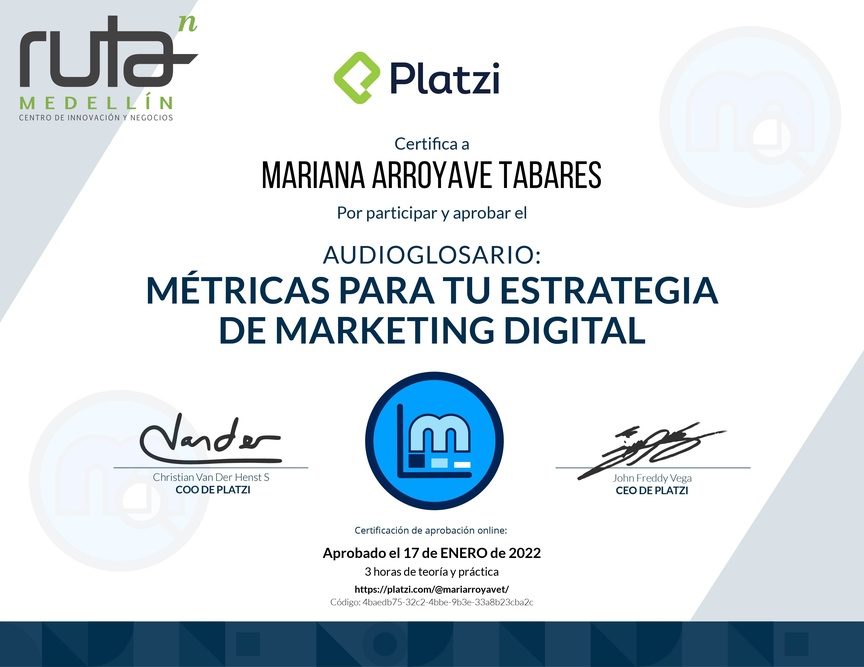 Diploma de Audioglosario Métricas para Marketing Digital