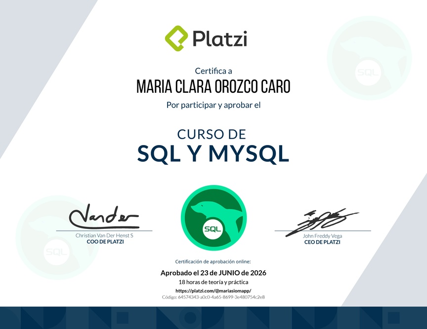 Diploma del Curso de SQL y MySQL 2018