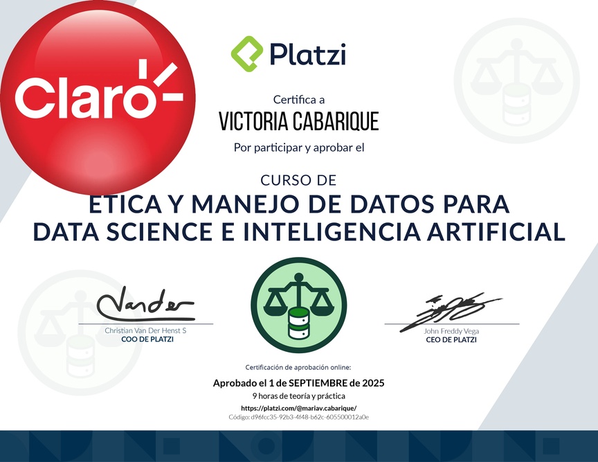 Diploma del Curso de Ética y Manejo de Datos para Data Science e Inteligencia Artificial
