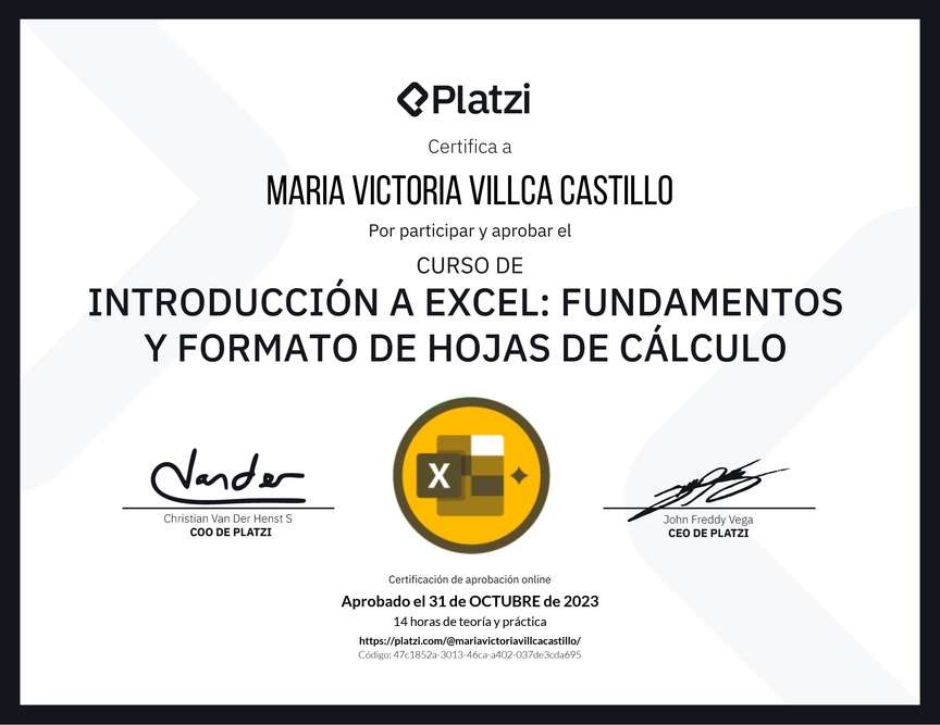 Diploma del Curso de Introducción a Excel para Principiantes: Fundamentos y Formato de Hojas de Cálculo