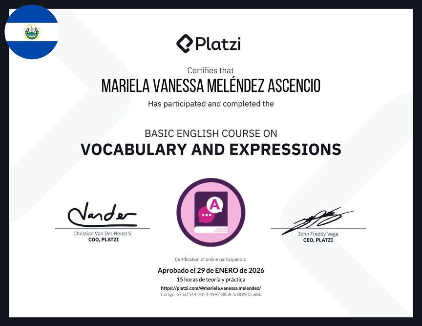 Diploma del Curso Básico de Vocabulario y Expresiones en Inglés