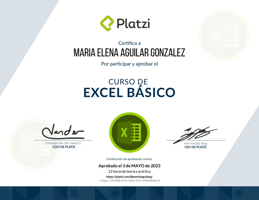 Diploma del Curso de Excel Básico