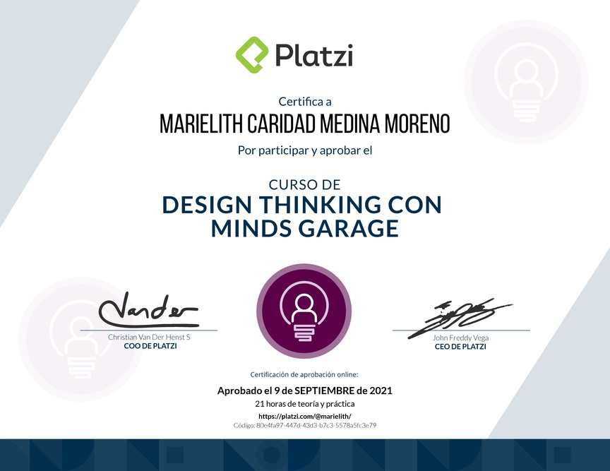 Diploma del Curso de Design Thinking con Minds Garage