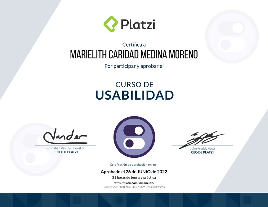 Diploma del Curso de Usabilidad: Principios, Pruebas y Herramientas Avanzadas