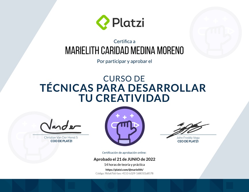 Diploma del Curso para Desarrollar tu Creatividad: Técnicas y Hábitos