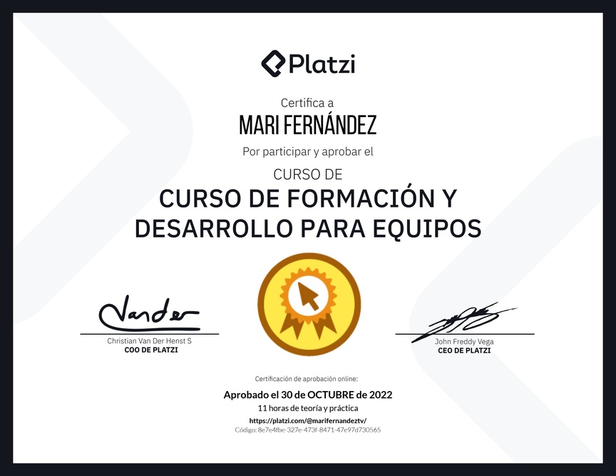Diploma del Curso de Formación y Desarrollo para Equipos