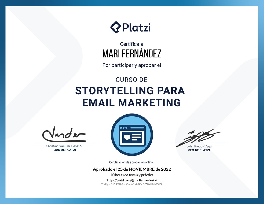 Diploma del Curso de Técnicas de Storytelling en Email Marketing