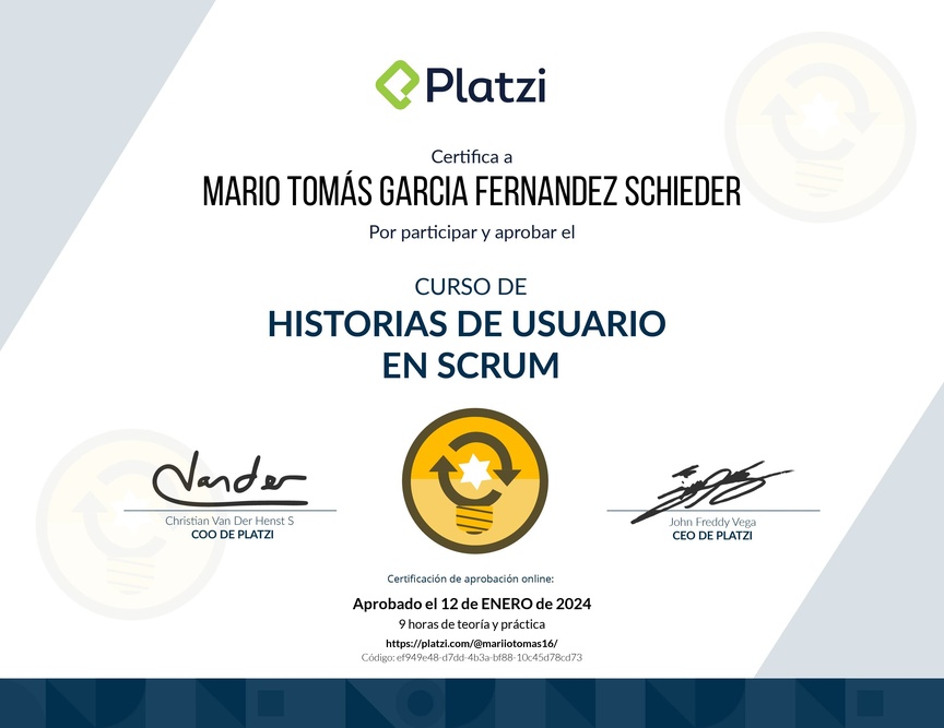 Diploma del Curso de Historias de Usuario en Scrum