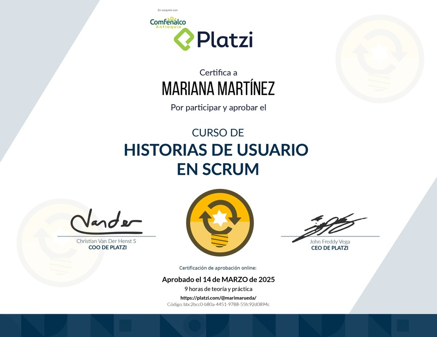 Diploma del Curso de Historias de Usuario en Scrum
