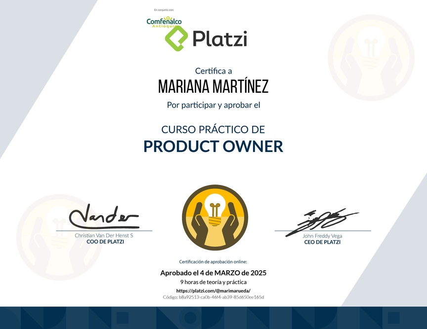 Diploma del Curso de Herramientas y Frameworks Intermedias para Product Owners