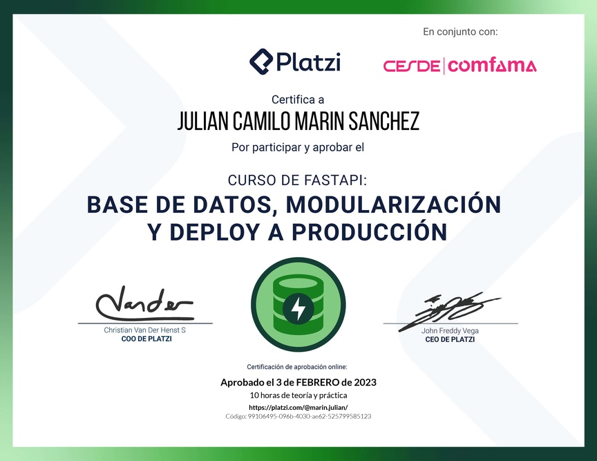Diploma del Curso de FastAPI: Base de Datos, Modularización y Deploy a Producción