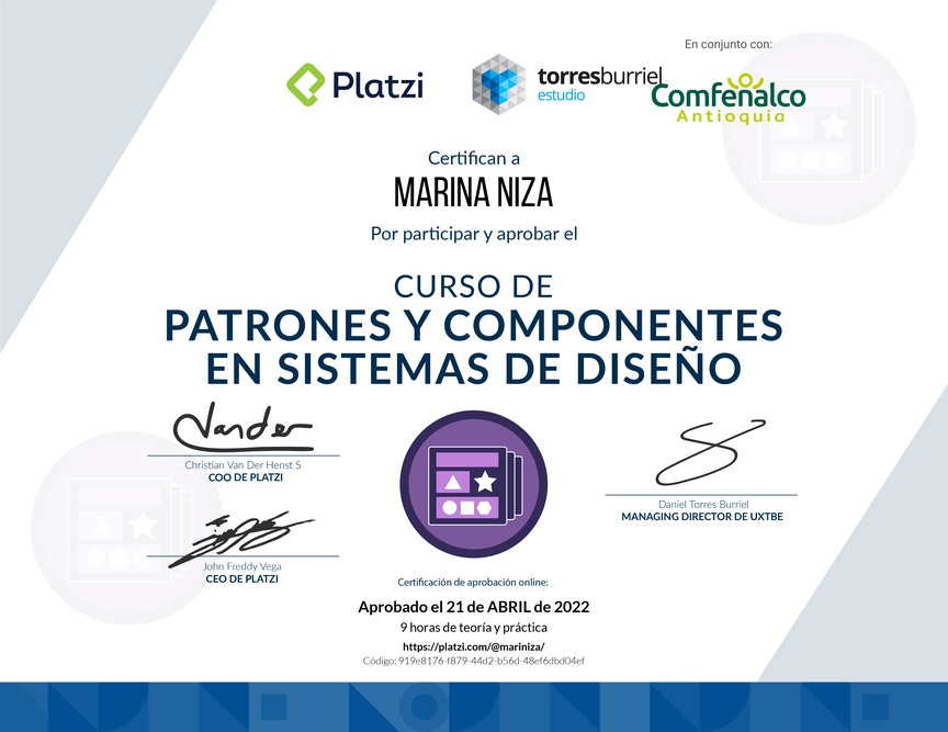 Diploma del Curso de Patrones y Componentes en Sistemas de Diseño