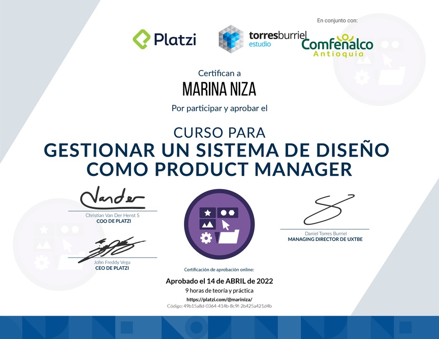 Diploma del Curso para Gestionar un Sistema de Diseño como Product Manager