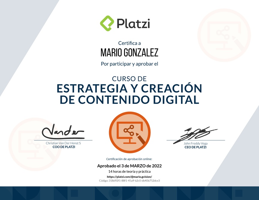 Diploma del Curso de Estrategia y Creación de Contenido Digital