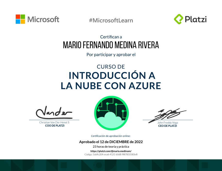 Diploma del Curso de Introducción a la Nube con Azure