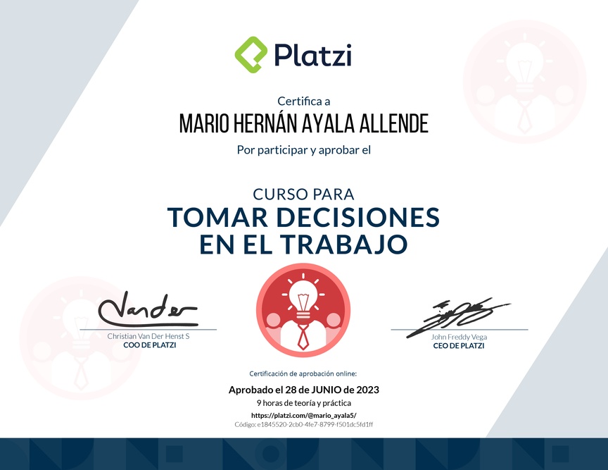 Diploma del Curso para Tomar Decisiones en el Trabajo